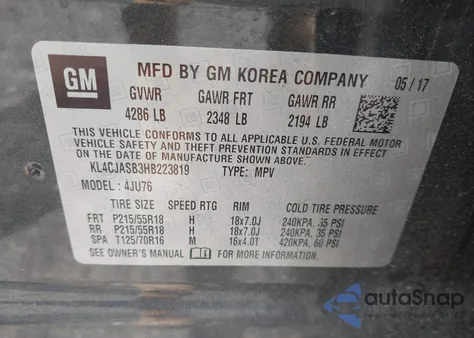 2017 Buick Encore Preferred from USA, damaged, VIN KL4CJASB3HB223819